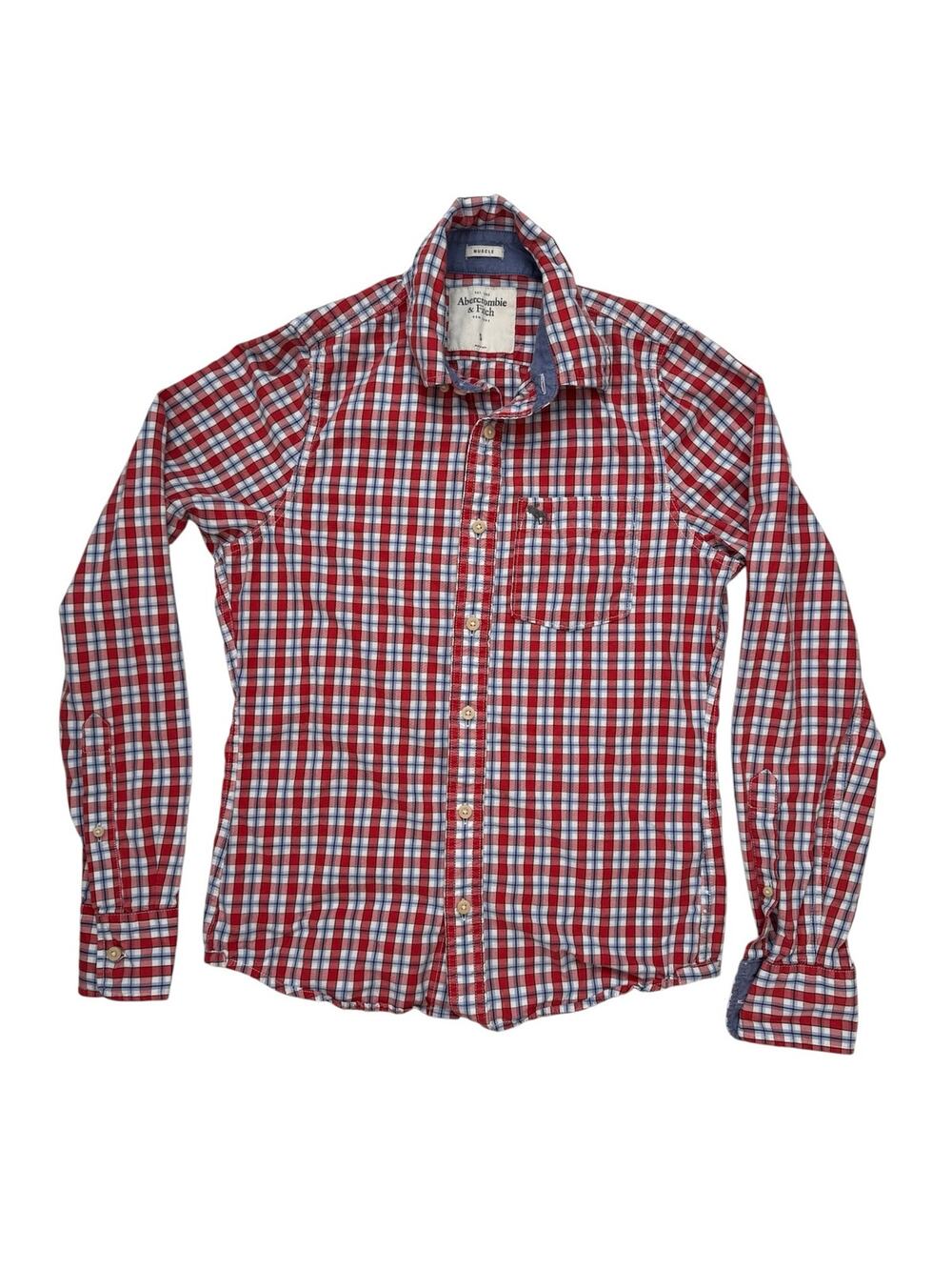 ABERCROMBIE & FITCH Muscle Fit Plaid Button Up Shirt Size Small Red White Blue
